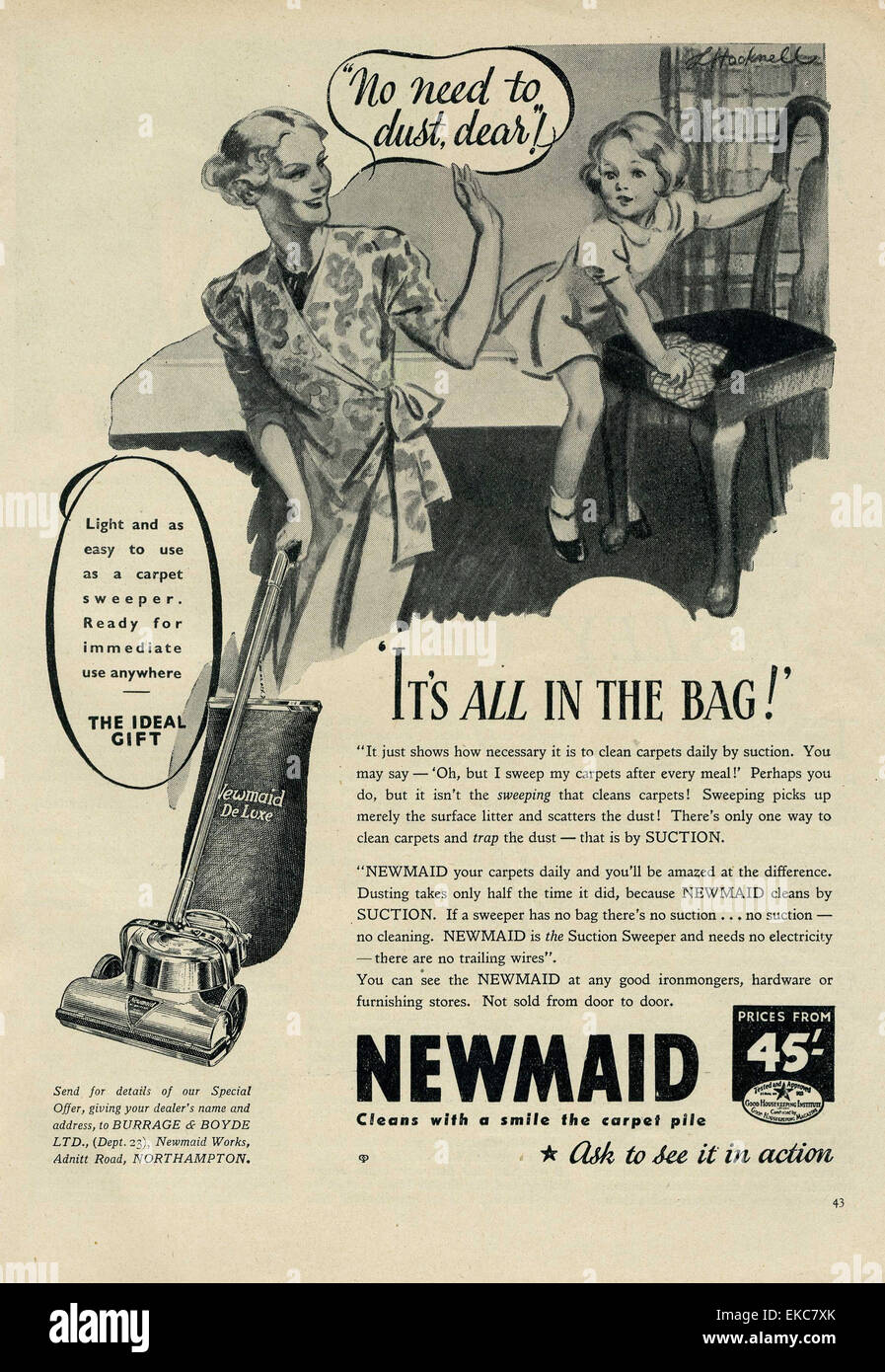 Sexist 1938 Advert Non Electric Suction Cleaner Stock Photo