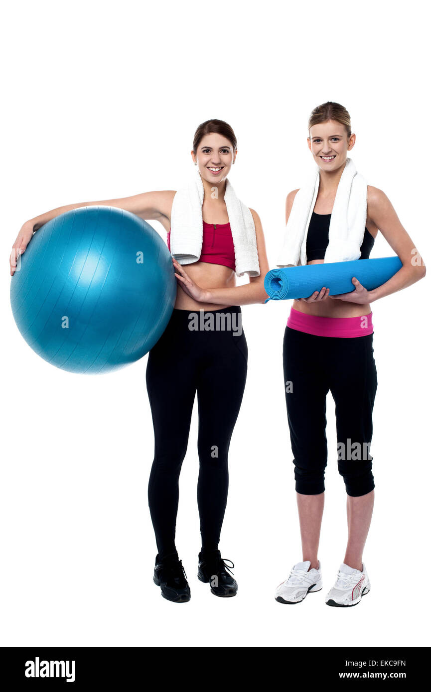 Two fitness girls posing after workout Stock Photo Alamy
