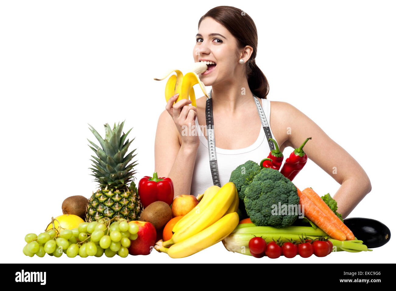 Healthy caucasian girl eating banana Stock Photo Alamy