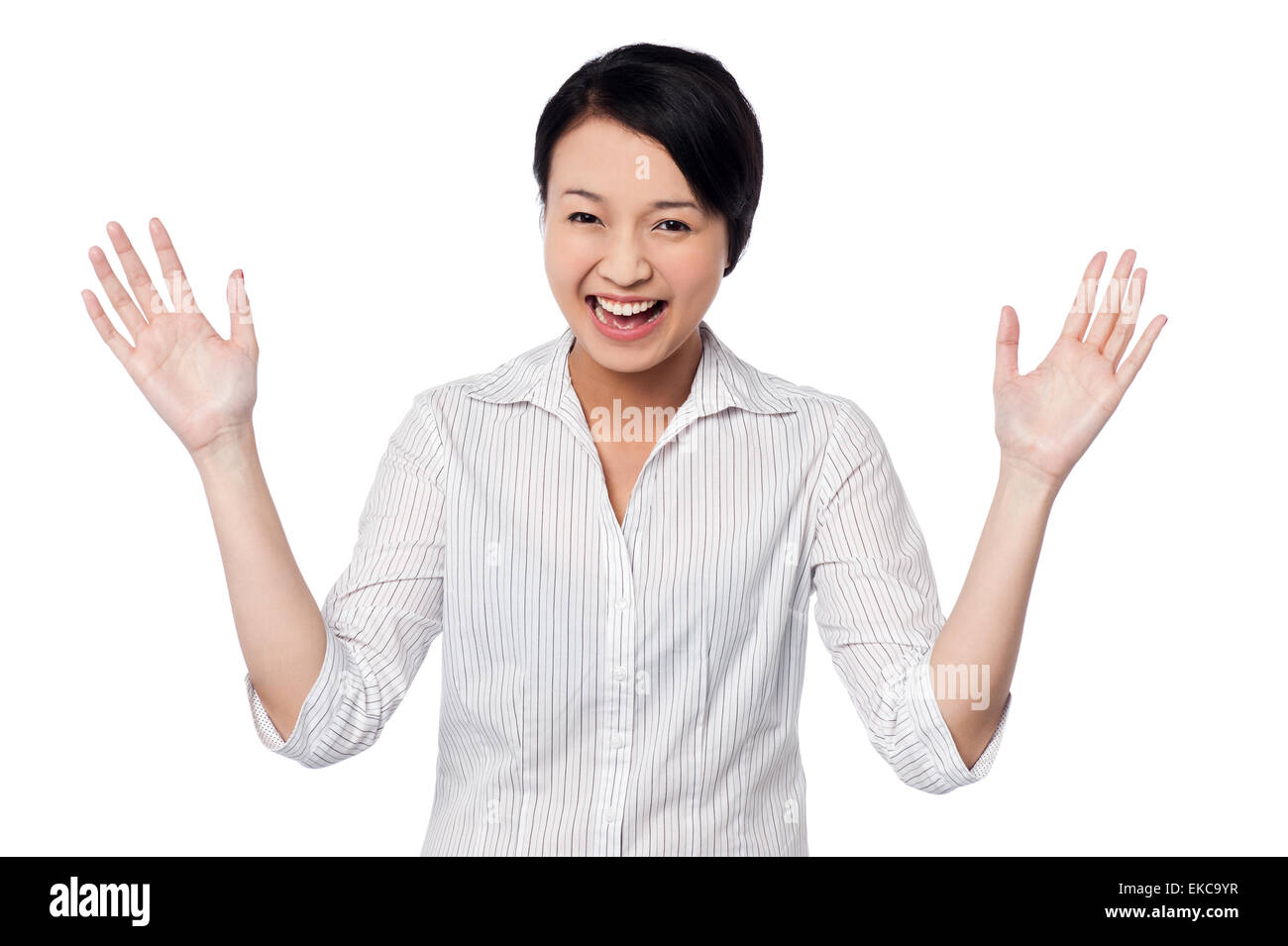 Cute girl laughing heartily with open hands Stock Photo Alamy