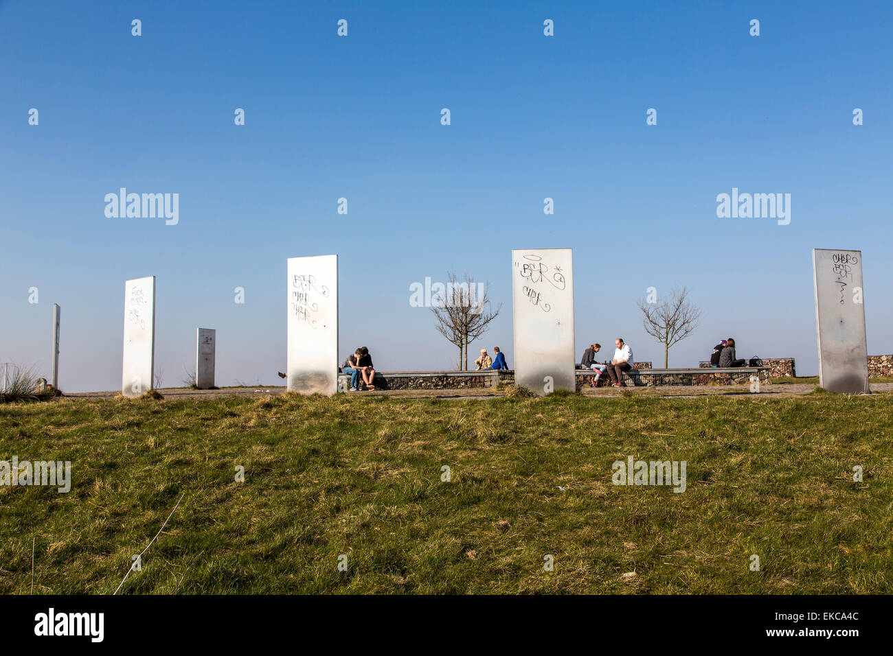 Top of Tippelsberg in Bochum, look over the central Ruhr area, totems made of steel, information boards, Stock Photo