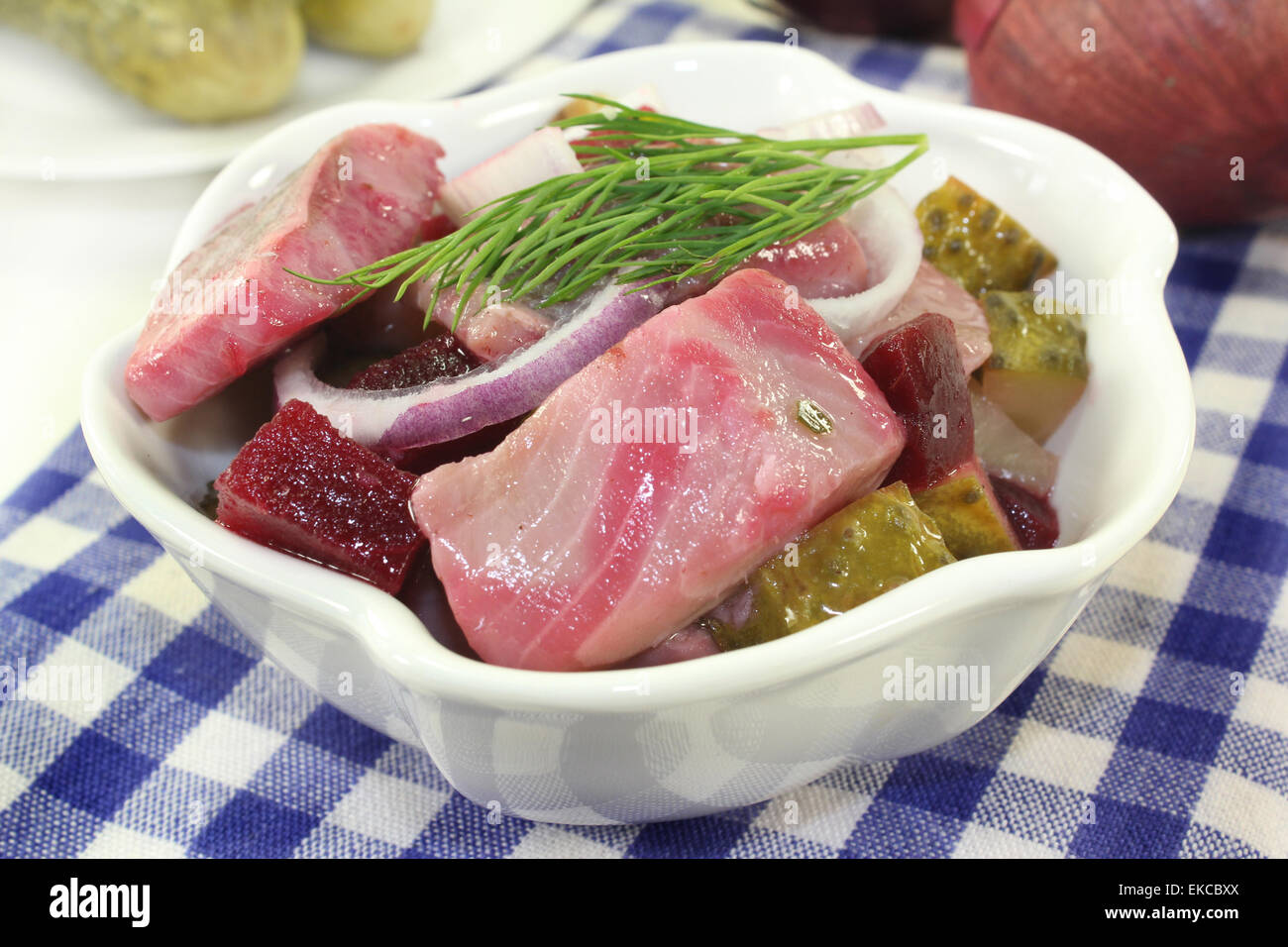 Matie salad with beetroot, onions and pickles Stock Photo
