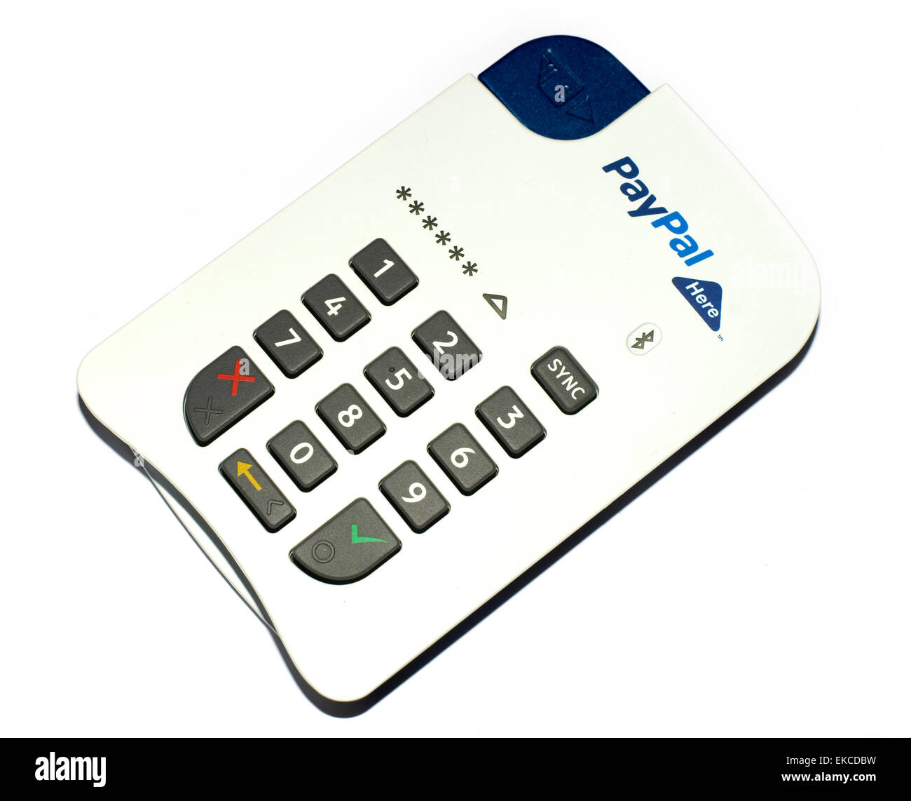 PayPal Here mobile bluetooth card reader on white background. Allows credit card payments to be taken with a mobile phone. Stock Photo