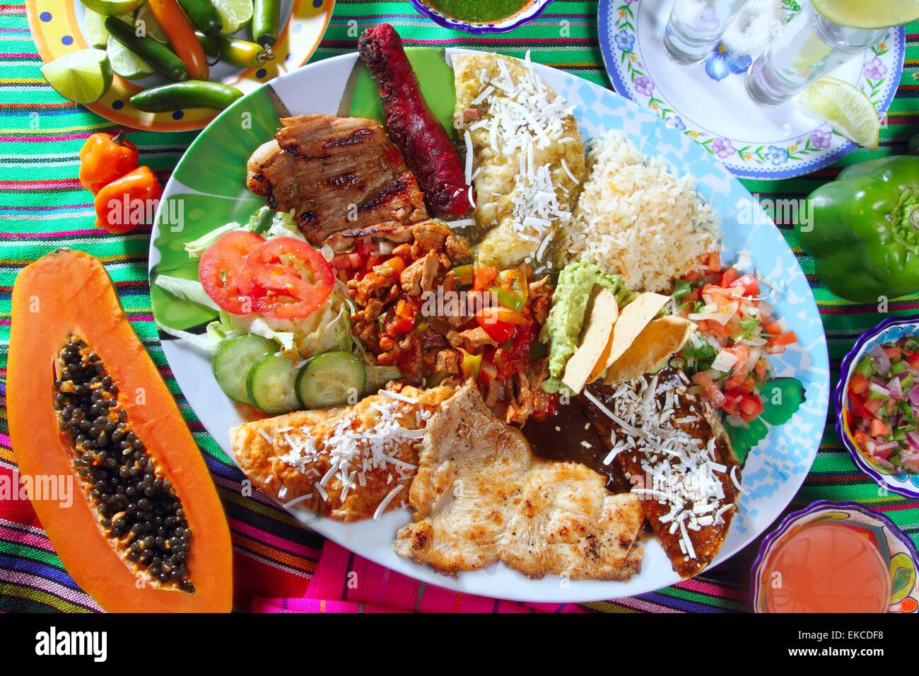 mexican food dish chili sauces papaya tequila Stock Photo