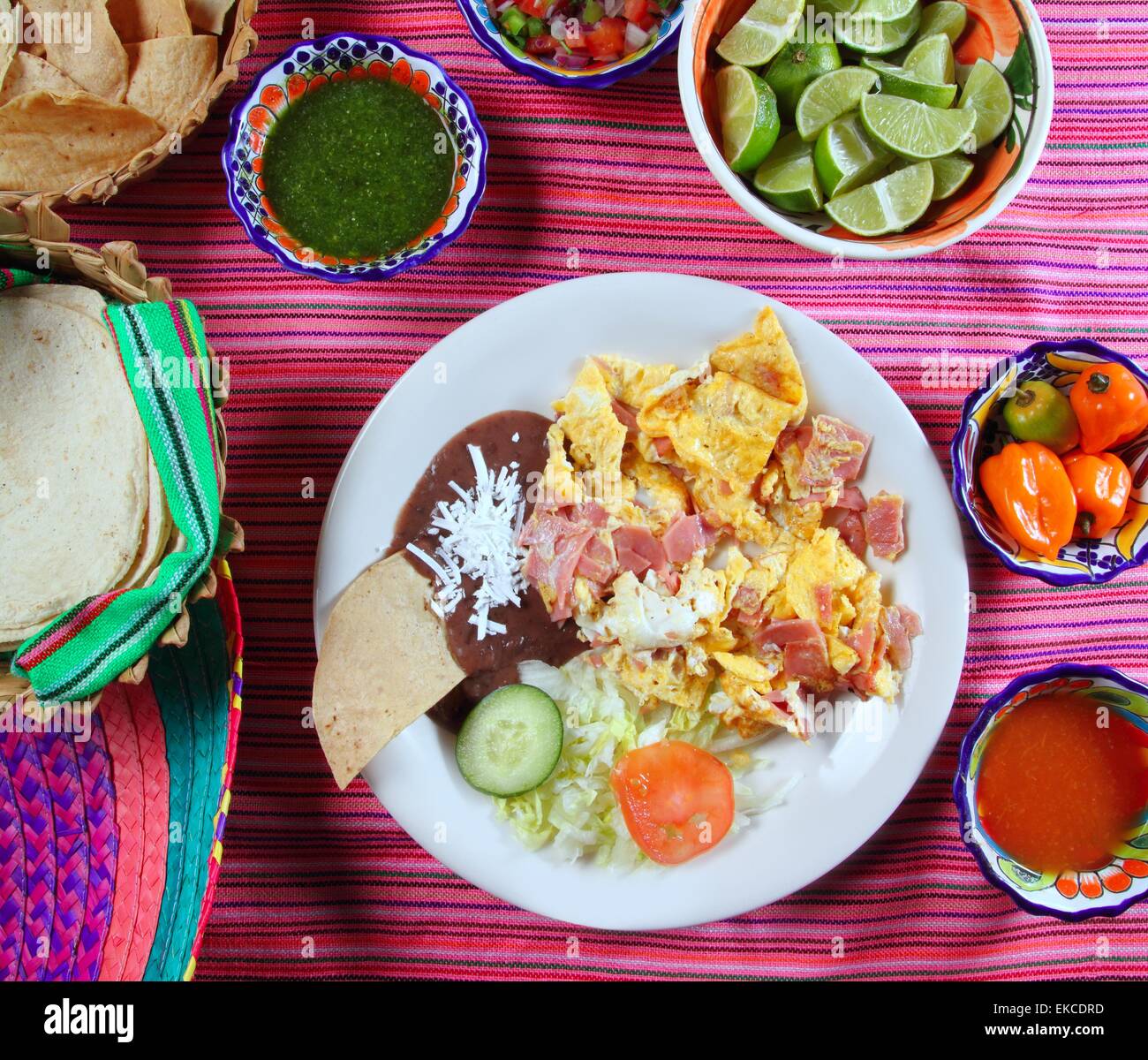 Breakfast in Mexico eggs and ham chili sauce Stock Photo Alamy