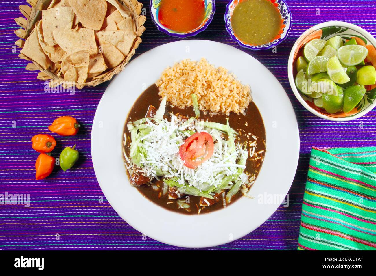 Mole enchiladas mexican food with chili sauces Stock Photo Alamy