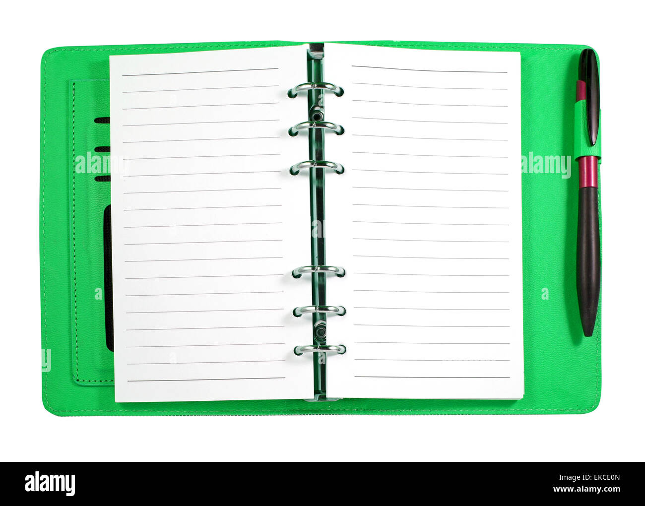 Green leather binder notebook with pen isolated on white Stock Photo