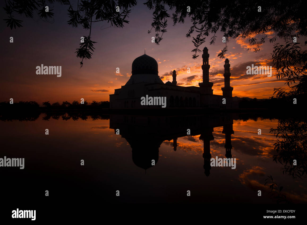 Silhouette of Kota Kinabalu City Floating Mosque, Sabah Borneo, East Malaysia Stock Photo