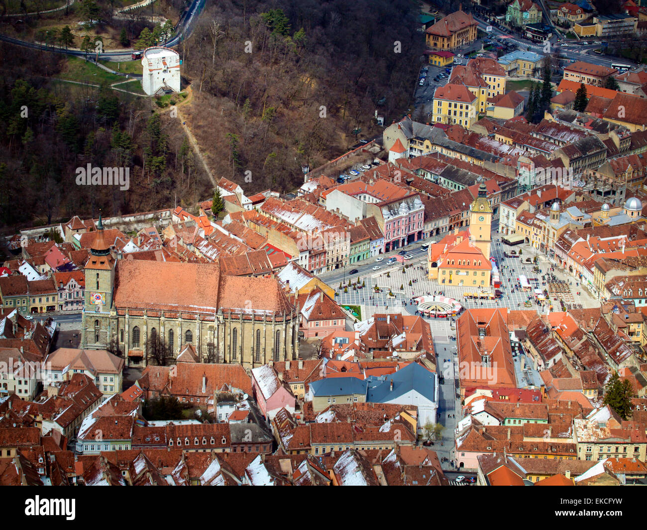 Old town square, Black church and White tower in Brasov, Romania Stock Photo
