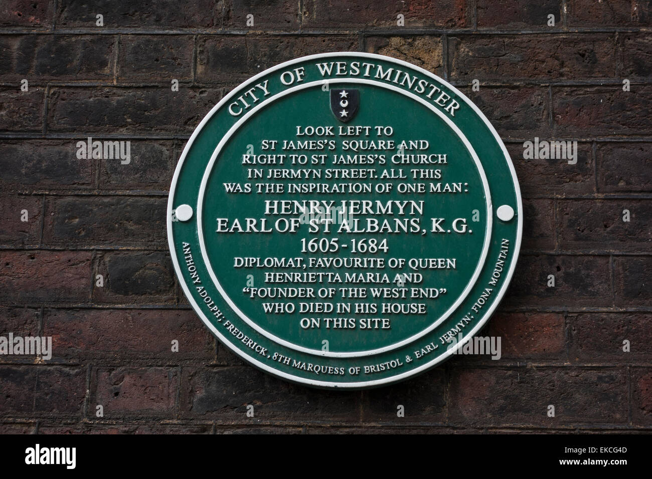 Historic plaque at St James's Square marking the home of Henry Jermyn, 1st Earl of St Albans, London, UK Stock Photo