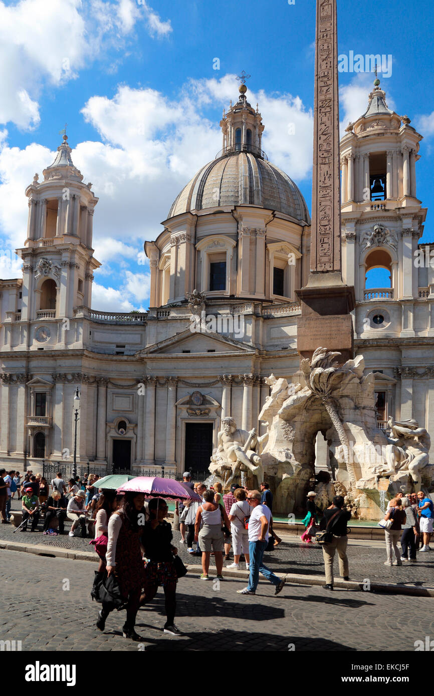 Italy Rome Piazza Navona Sant Agnese from Piazza Navona Fountain of the four Rivers with Egyptian obelisk Stock Photo