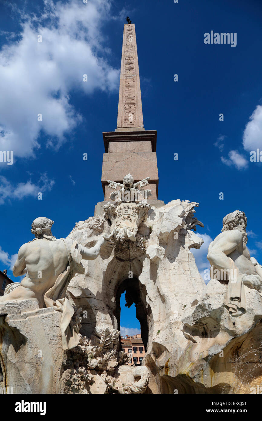 Italy Rome Piazza Navona Fountain of the four Rivers with Egyptian obelisk Stock Photo