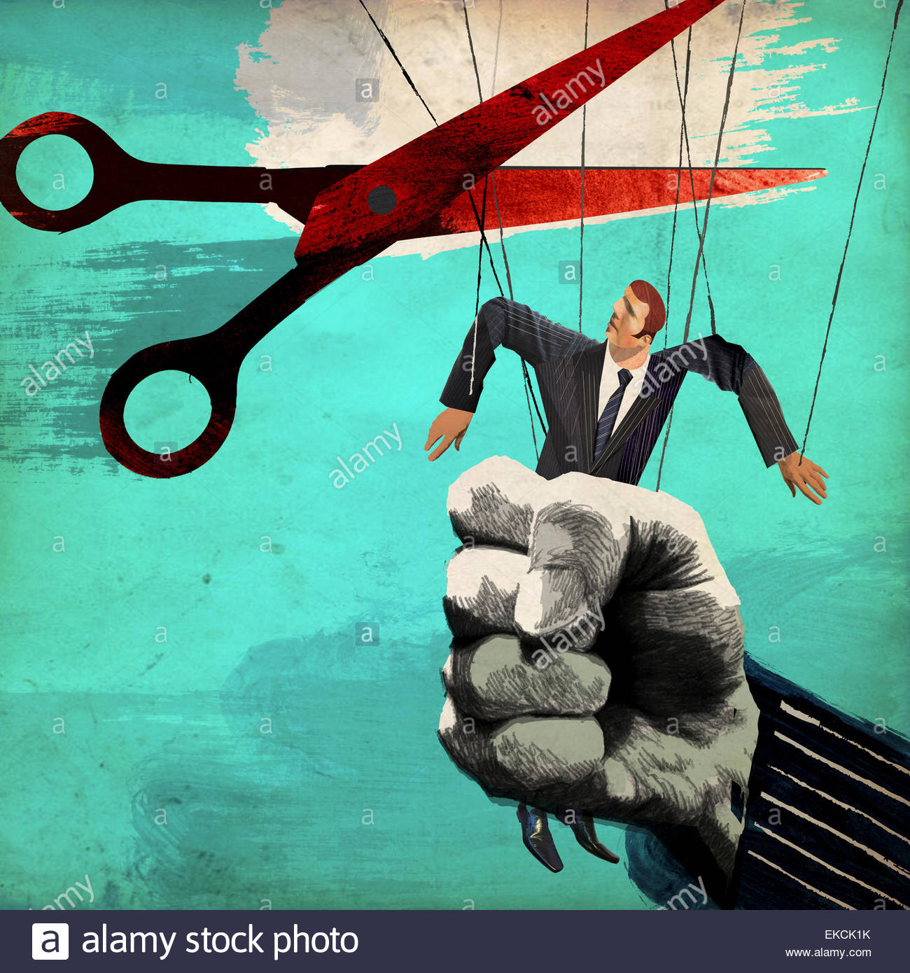 Scissors cutting puppet strings from businessman being squeezed in