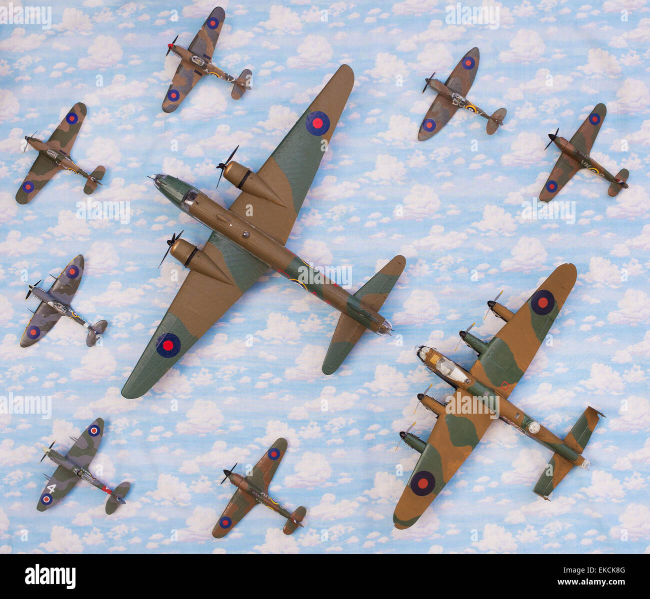 WW2 British Airfix model army planes on a sky cloud material background Stock Photo
