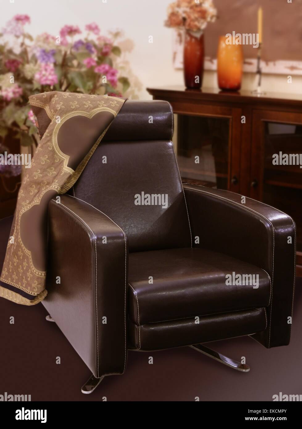 brown leather sofa armchair classic style Stock Photo Alamy