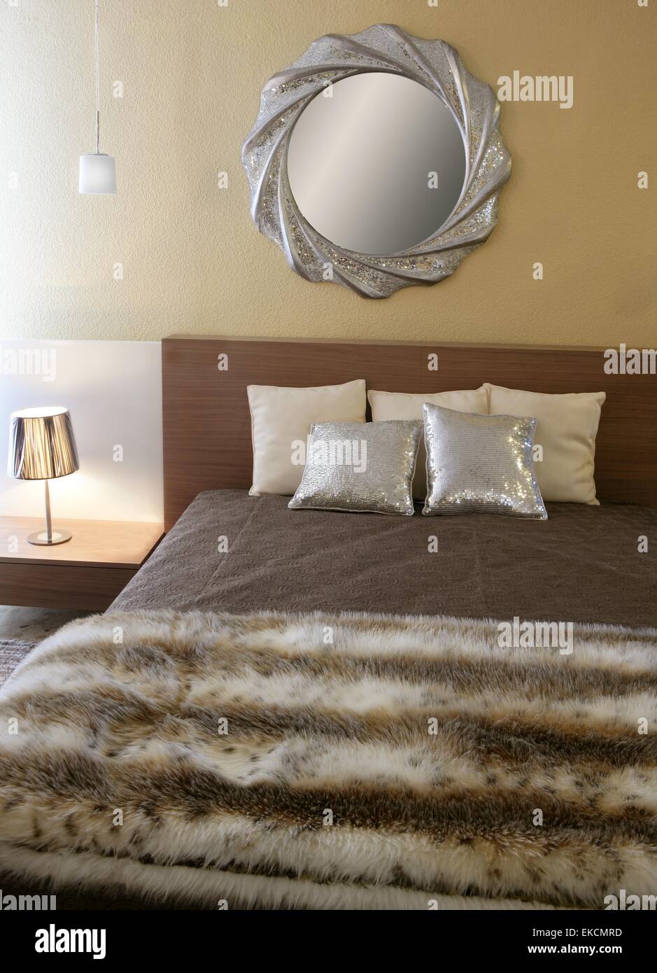 Bedroom Modern Silver Mirror Fake Fur Blanket Stock Photo