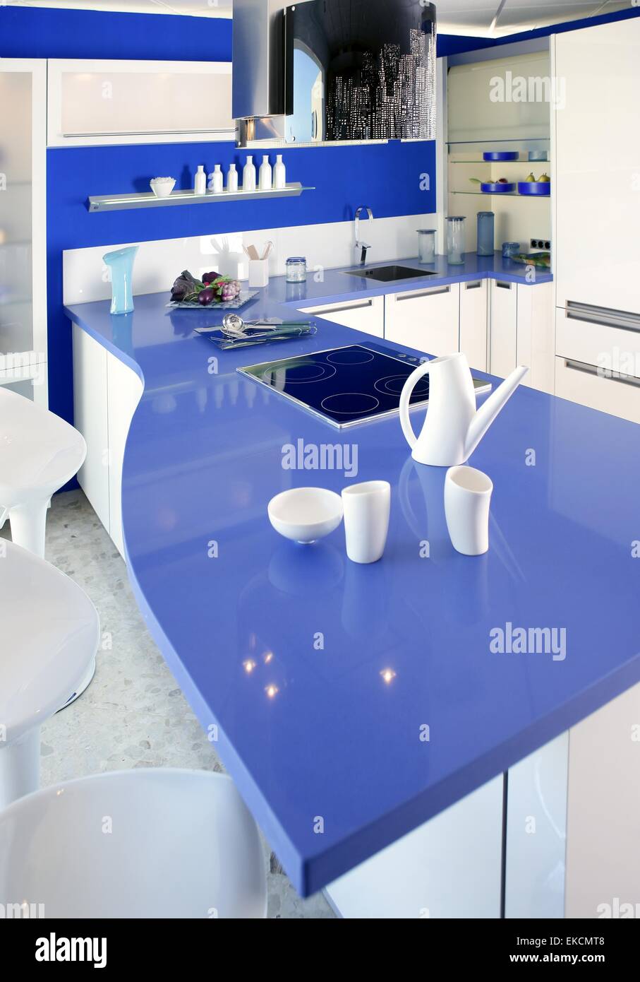 Blue white kitchen modern interior design house Stock Photo - Alamy