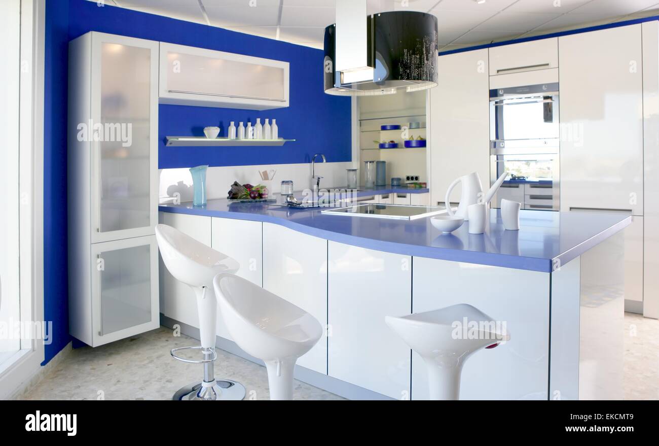 Blue white kitchen modern interior design house Stock Photo - Alamy