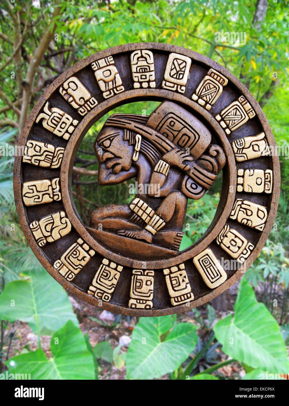 Calendar Mayan culture wooden on Mexico jungle Stock Photo