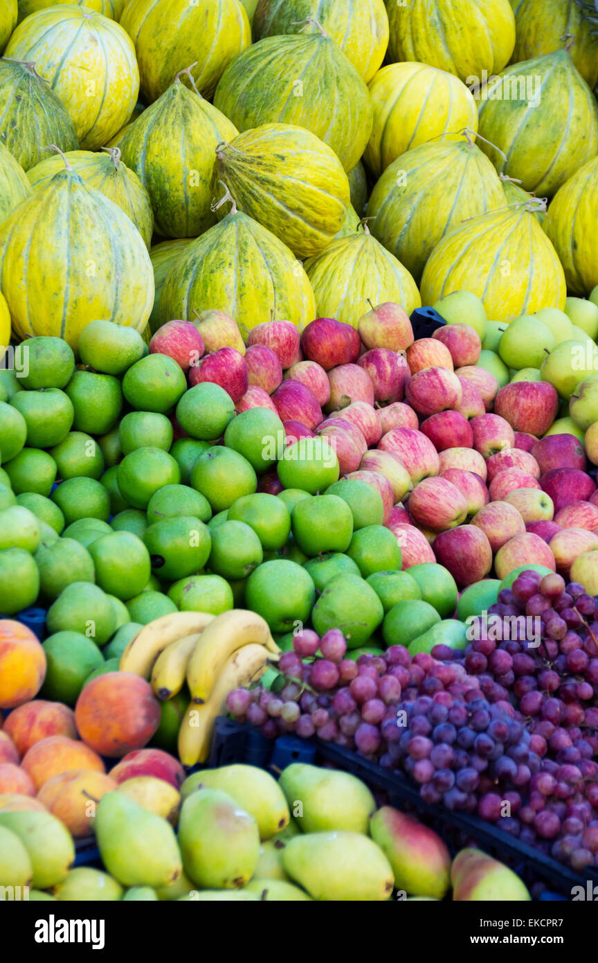 Variety of fresh organic fruits on the street stall Stock Photo Alamy