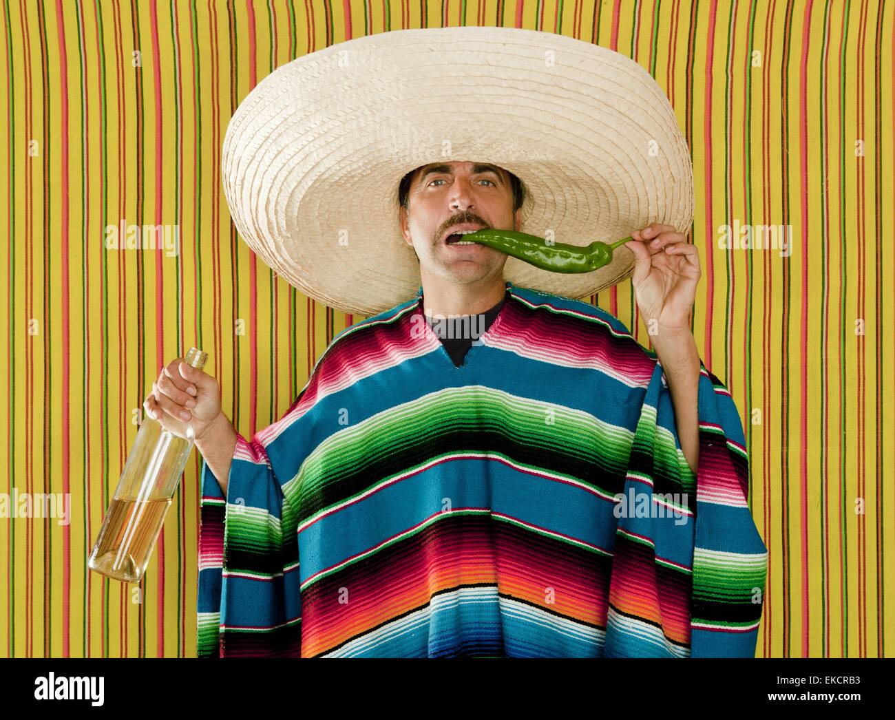 Mexican mustache chili drunk tequila sombrero man Stock Photo - Alamy