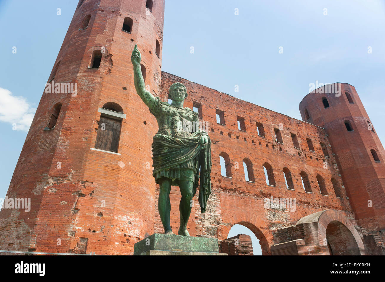 Porta Palatina Turin, a statue of the roman emperor Augustus at the Porta Palatina, Turin, Piemonte, Italy Stock Photo