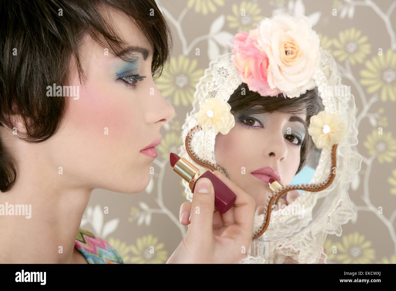 retro woman mirror lipstick makeup tacky Stock Photo