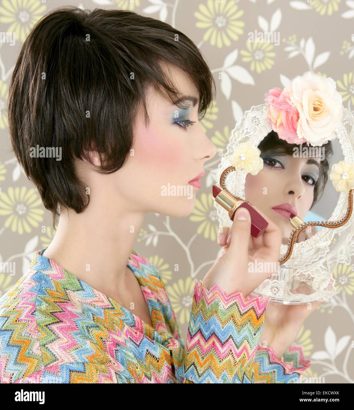 retro woman mirror lipstick makeup tacky Stock Photo