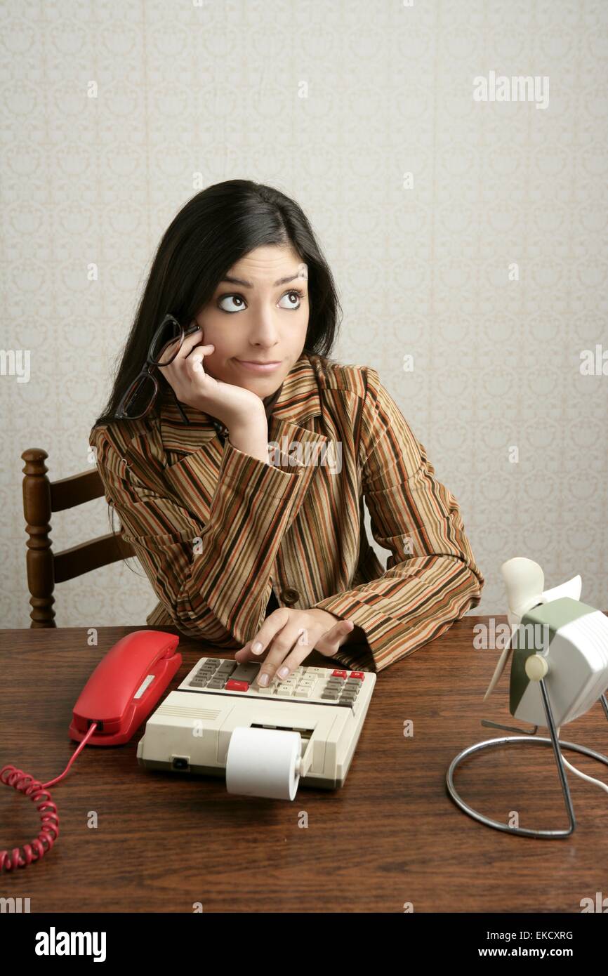Accountant retro woman calculator negative expression Stock Photo Alamy