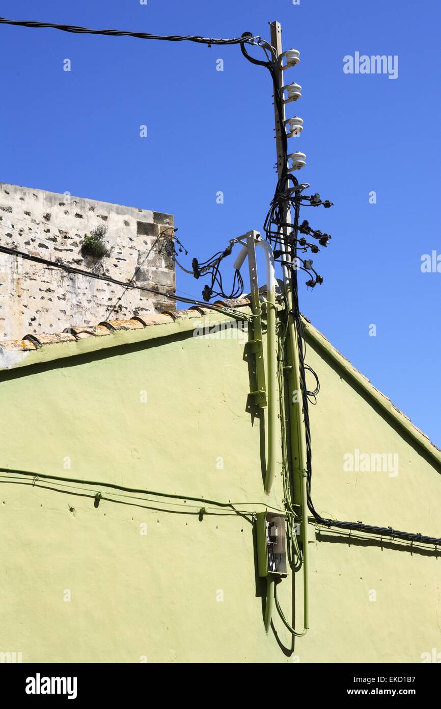 Electric Pole Wire Cable Detail Green House Stock Photo Alamy