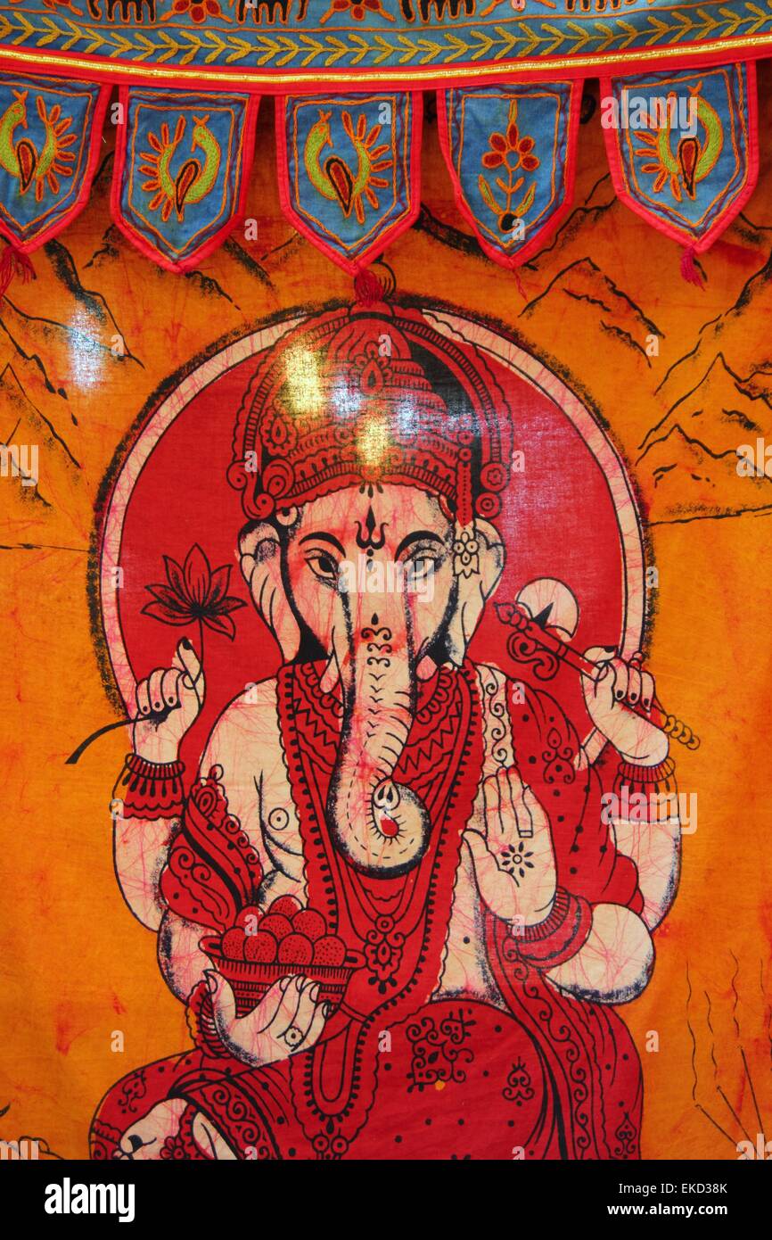 Indian elephant symbol on orange textile sheet Stock Photo