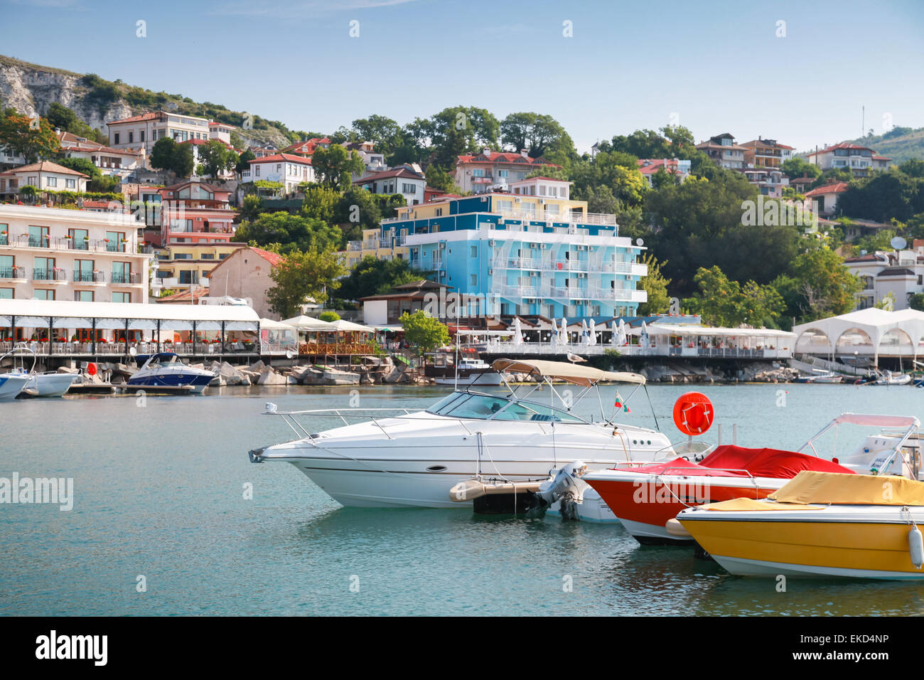 Pleasure motor boats are moored in marina of Balchik, Bulgaria Stock Photo