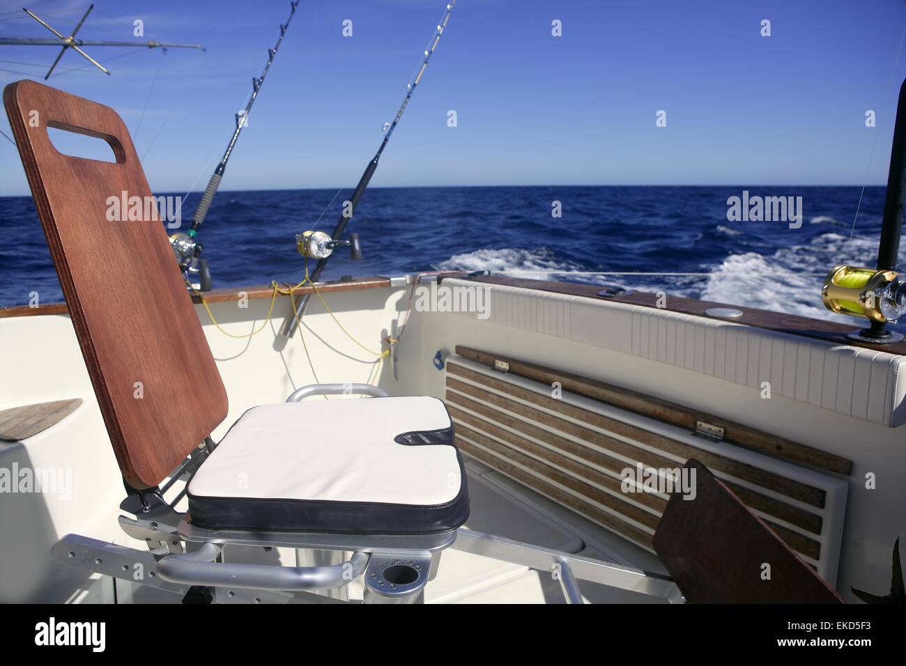Big game boat wooden fishing chair Stock Photo Alamy