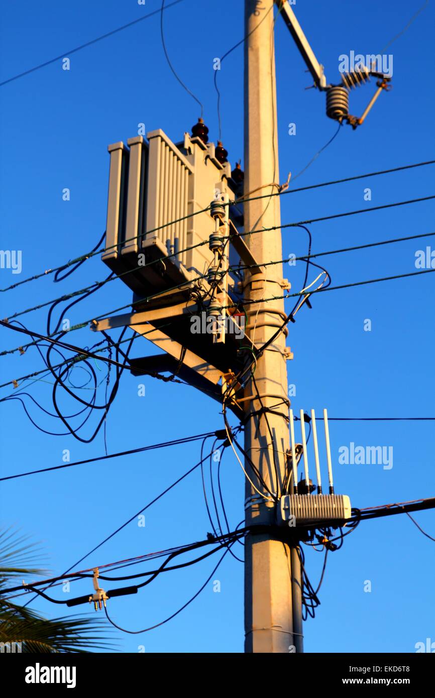 light pole distribution transformer messy wires Stock Photo - Alamy