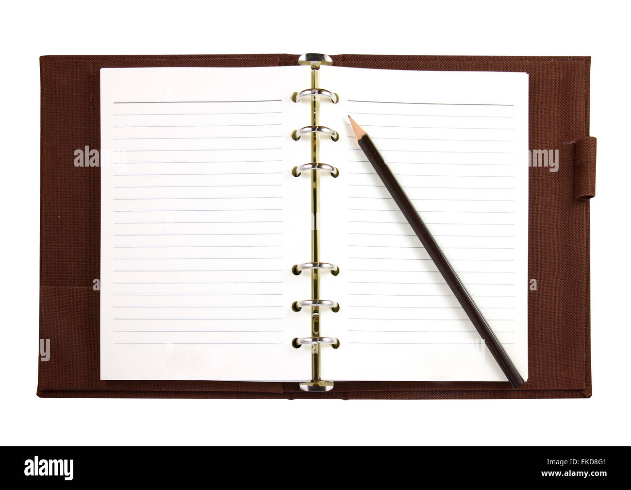 Brown canvas binder notebook with pencil isolated on white Stock Photo