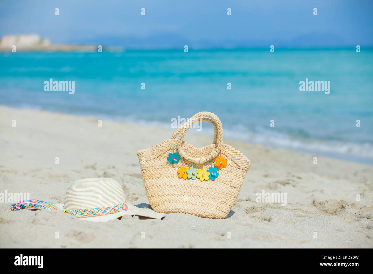 Photo of straw beach bag and hat Stock Photo Alamy