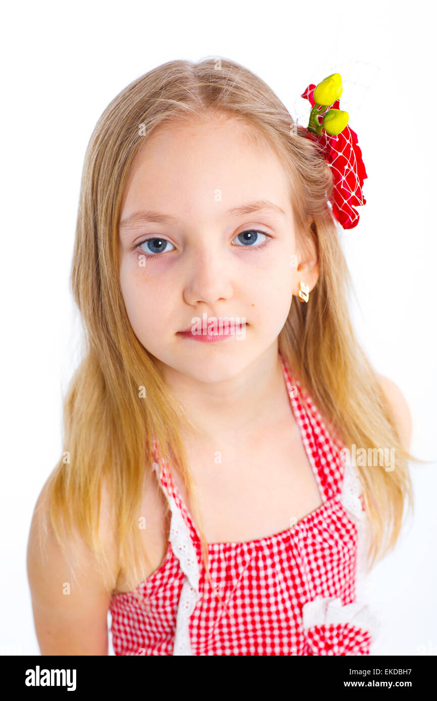 cute little girl in red clothes Stock Photo Alamy