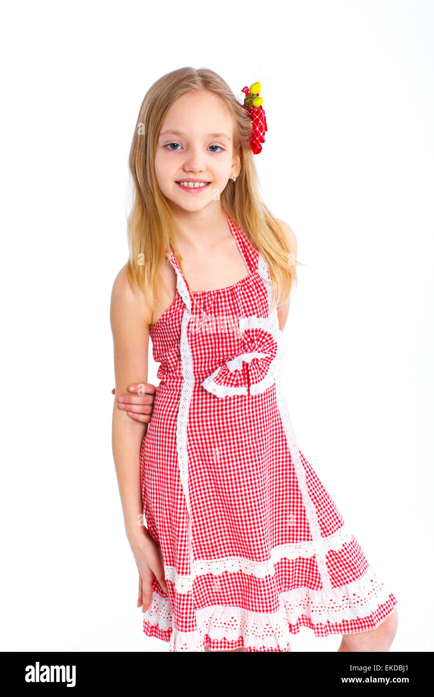 cute little girl in red clothes Stock Photo Alamy