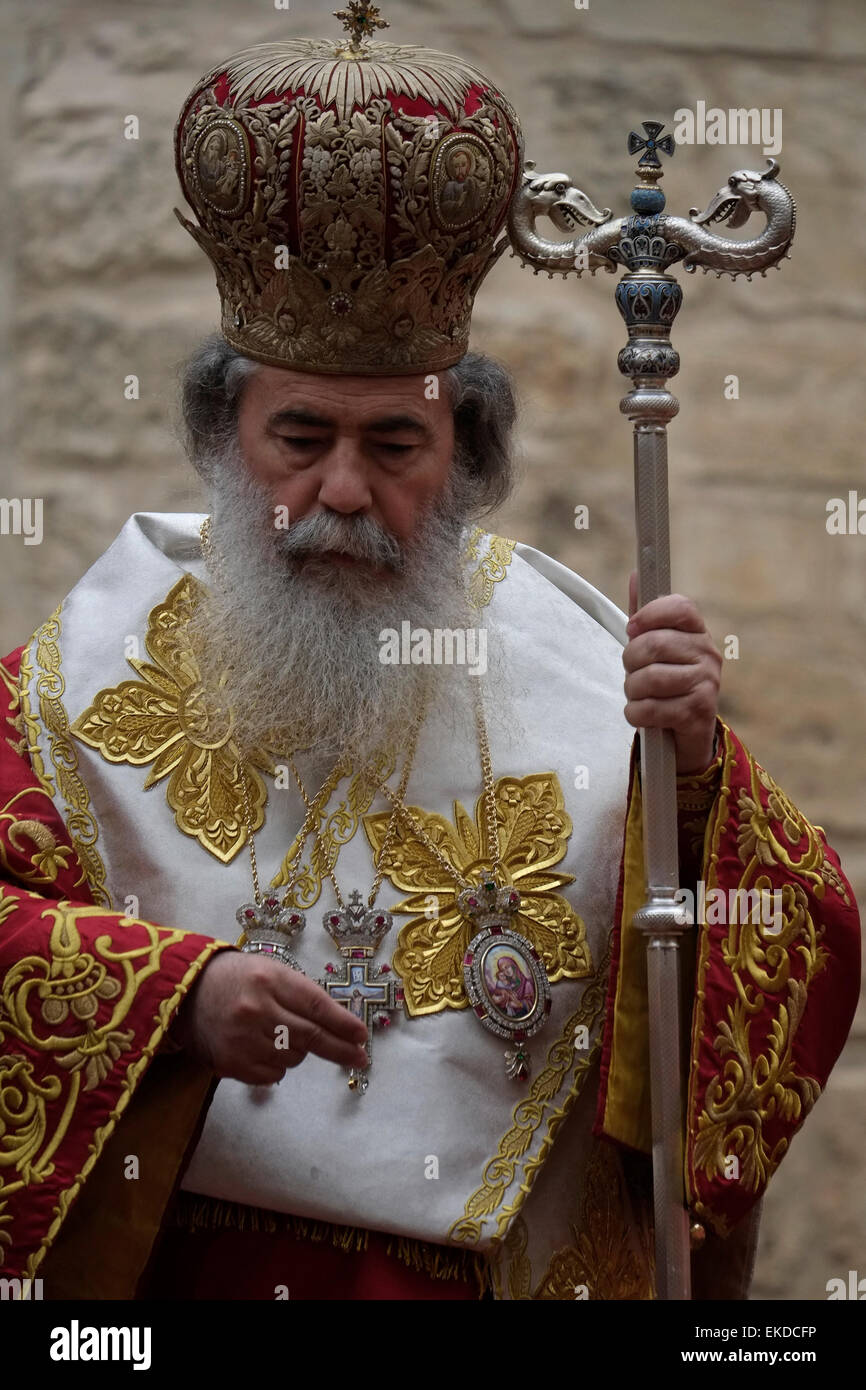 Greek Orthodox Patriarch of Jerusalem Theophilos III in the old city of Jerusalem Israel Stock Photo