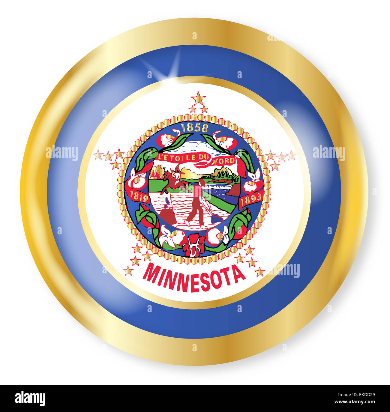 Minnesota state flag button with a gold metal circular border over a white background Stock Photo