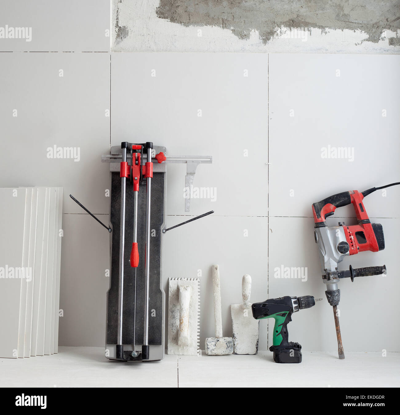 construction tools as tiles cutter electric hammer drill Stock Photo