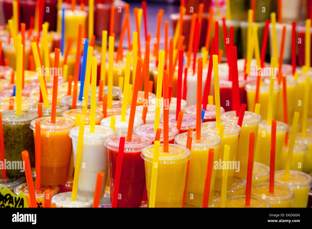 Colorful natural fresh fruits juice glasses with straw Stock Photo Alamy