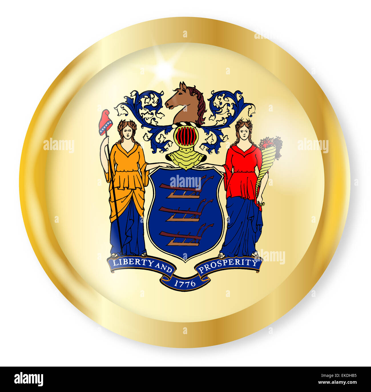 New Jersey state flag button with a gold metal circular border over a white background Stock Photo