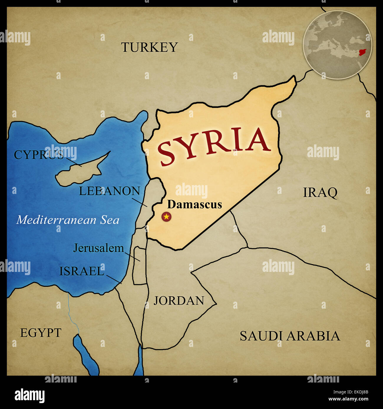 Syria map and bordering countries with capital Damascus marked. With location in the middle east. Stock Photo
