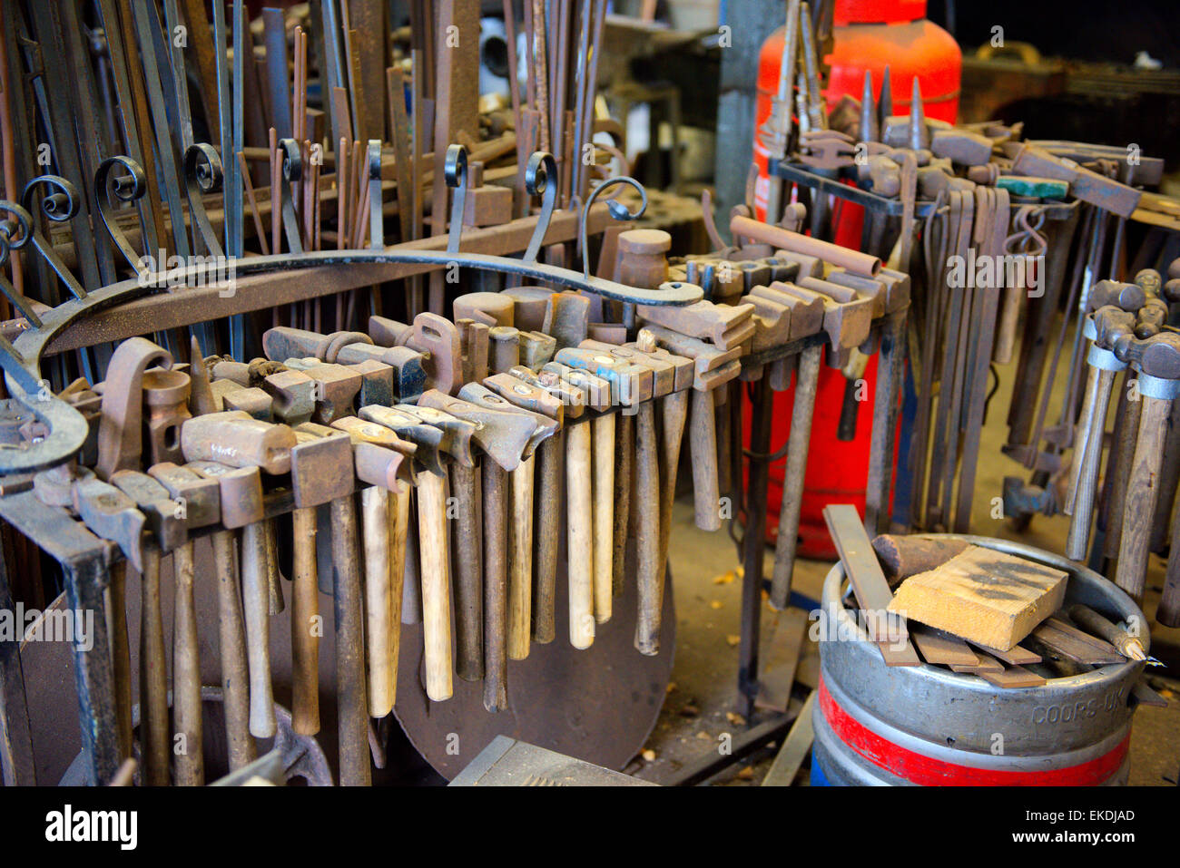 Variety of hammers used by blacksmith at Westpoint Forge, UK Stock Photo