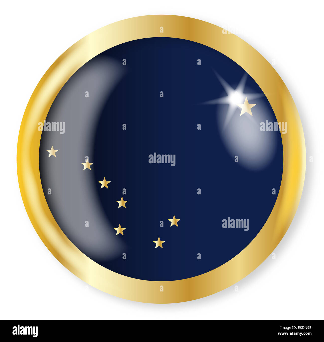 Alaska state flag button with a gold metal circular border over a white