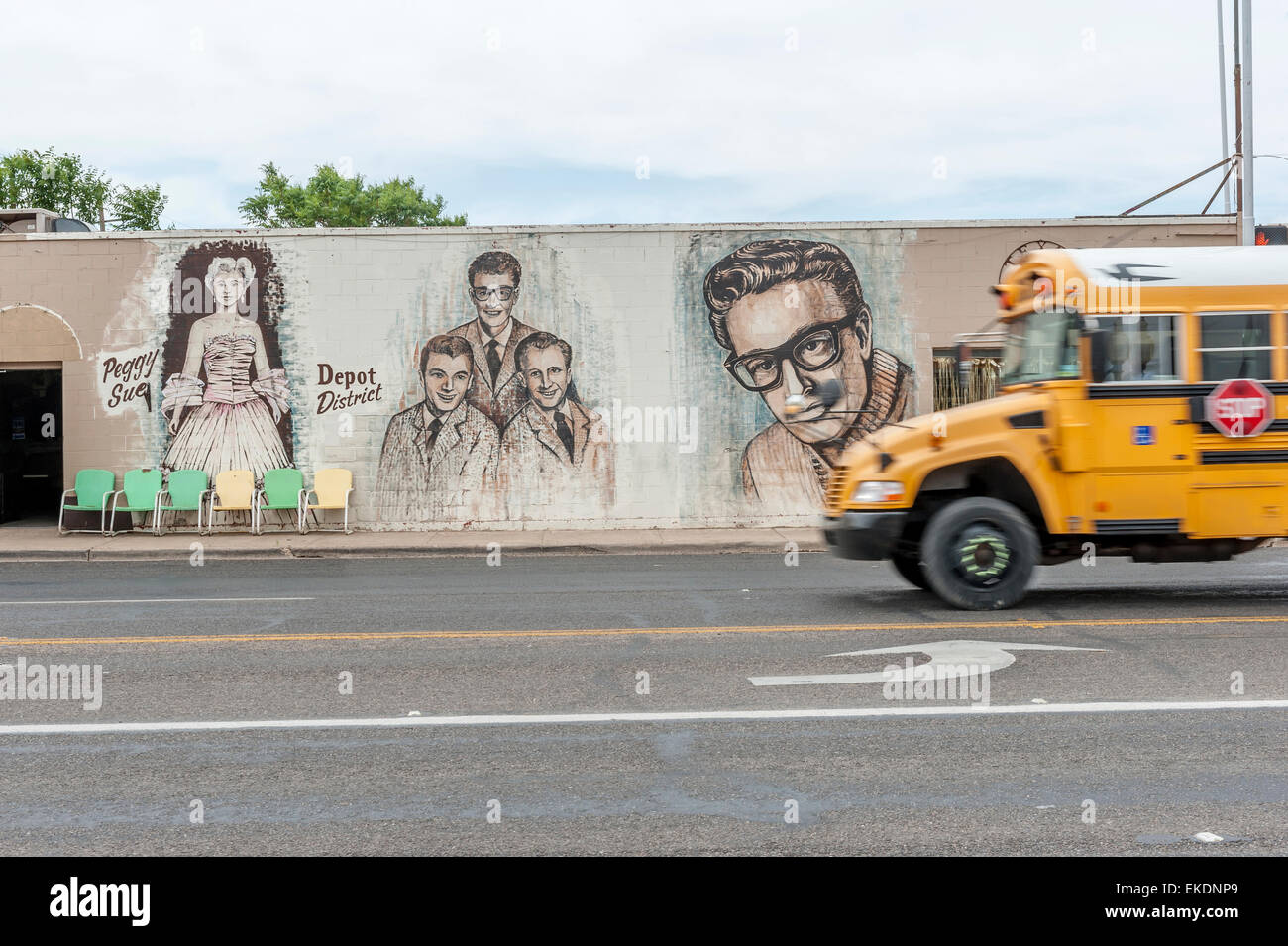 Wall art featuring Buddy Holly, Depot District, Lubbock. Texas. USA Stock Photo