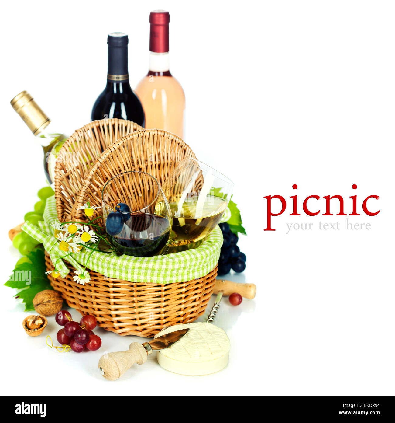 picnic basket with wine and grape Stock Photo Alamy