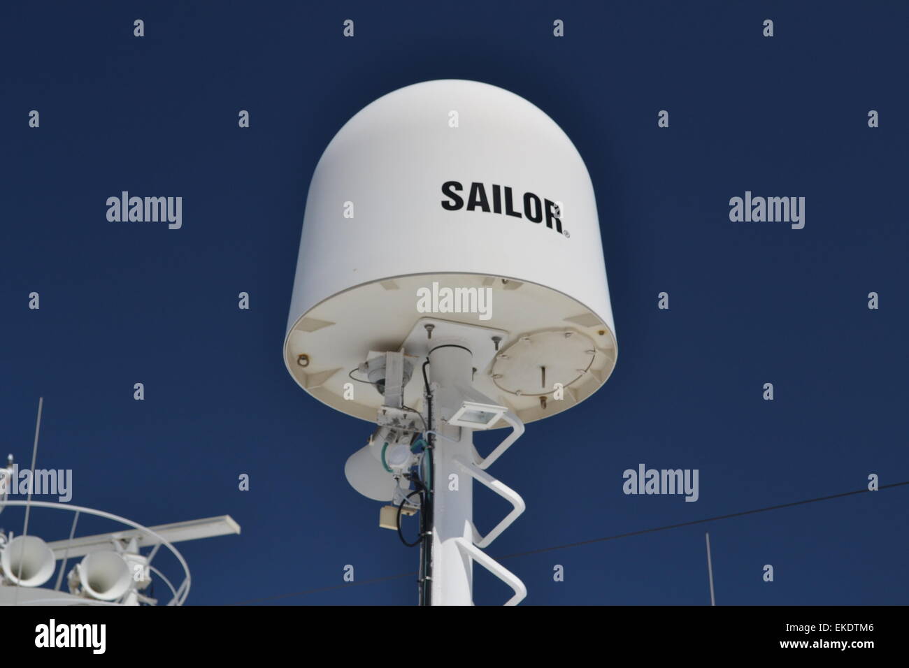 Cobham Sailor Ku-band satellite TV antenna on board a ship. Stock Photo