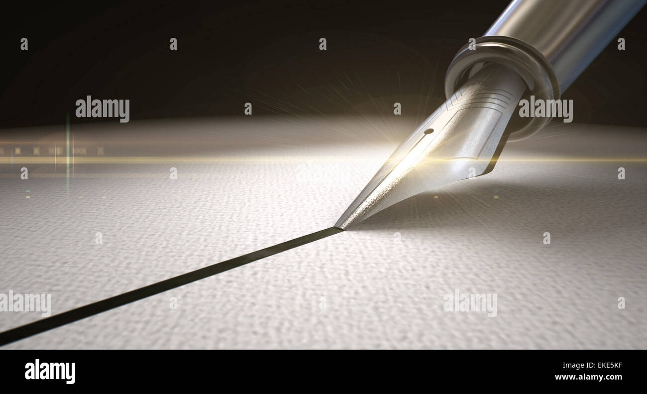 A side view closeup of the metal nib of an old fountain pen drawing a